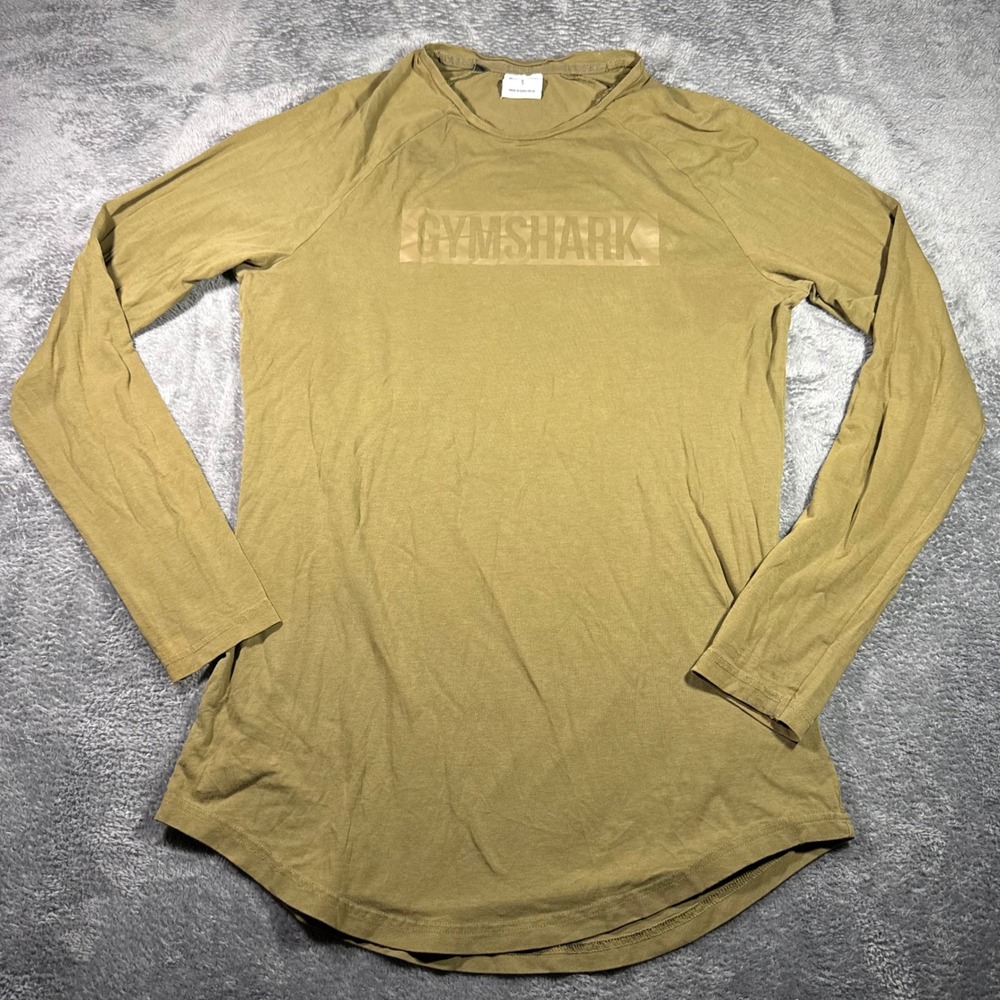 Gymshark Mens Long Sleeve Training Shirt Olive Green Size S Curved Hem Logo